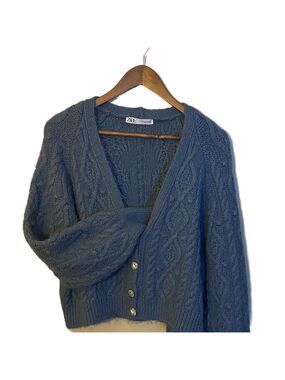 *301 Zara Chunky Blue/Periwinkle Cable Knit Cardigan with Rhinestone Buttons.